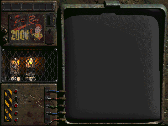 Pip-Boy 2000 device photo with the VOCK wordmark composited into the CRT screen in glowing green phosphor text, crediting the project's voice actors.